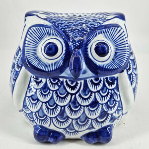 Vintage style White and Blue owl Statue Figurine Hand Painted Ceramic Decor